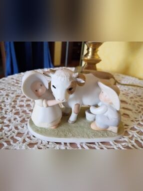 Vintage  Precious Moments  Cow with Children Figurine - Milking Time, 1995